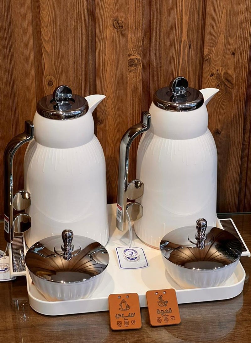 لوفر طقم ترامس شاي وقهوة فاخر بتصميم عصري أنيق – 2 ترمس مع صينية وعلب تقديم بغطاء – لمسة فخامة للضيافة - Image 1